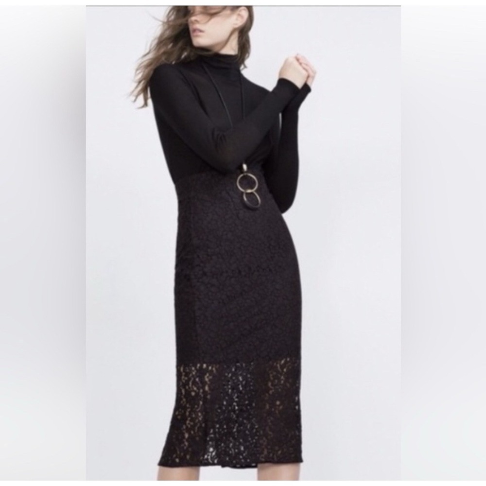 Zara Black Lace Pencil Skirt Women Size M Midi Stretch High Waist Officecore